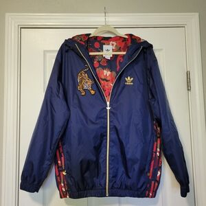 adidas TIGER Embroidered Logo Zipper Hooded Track Jacket Autumn Blue